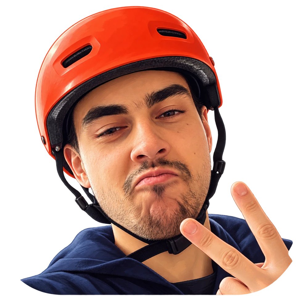 Portrait illustré de Bastien, avec son casque rouge et un signe de la main